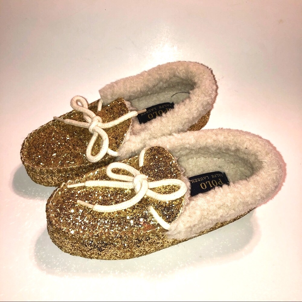 Sz 1 Polo Ralph Lauren Gold Glitter Moccasin Slippers